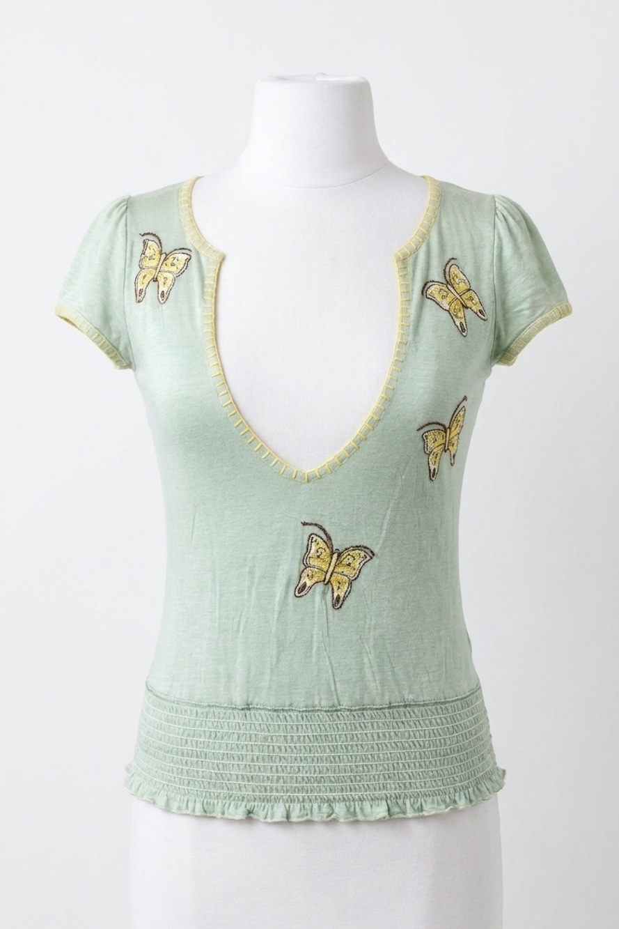 NEW PAPARAZZI chained v-neck top with embroidery & beaded works in sage